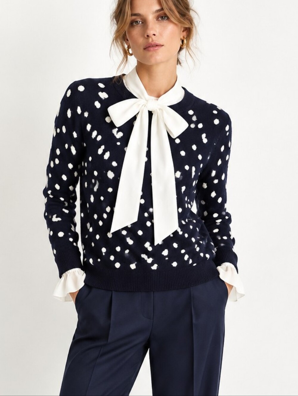 A New Day Cotton Navy Blue Polka Dot Crewneck Sweater